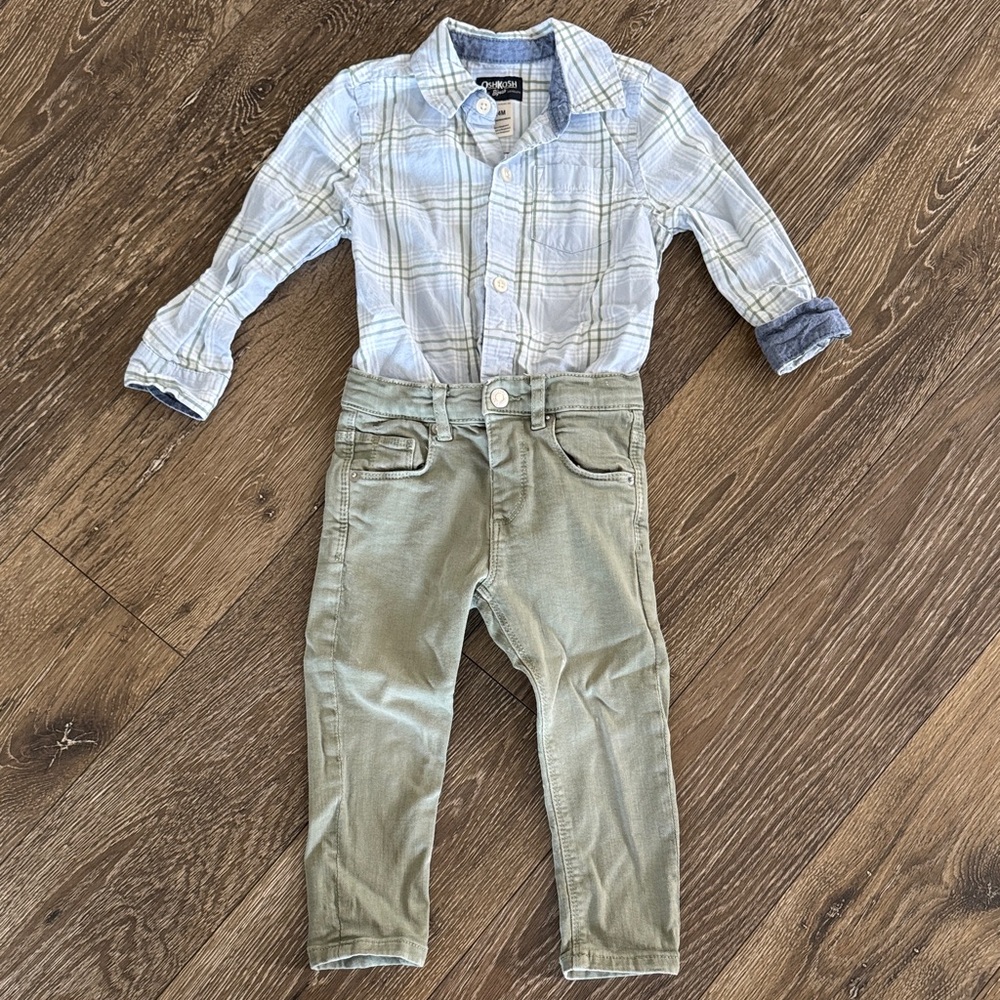 Plaid Shirt Onesie and Matching Denim Pants Set